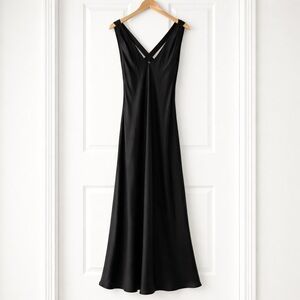 Vtg A.B.S. Allen Schwartz Black Satin Maxi Gown Open Back Goth Glam Siren 6